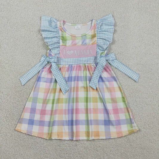GSD2940 I LOVE MAMA Embroidery Colorful Plaid Print Girls Summer Knee Length Dress