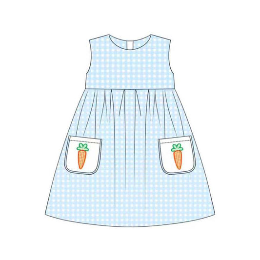(Pre-order)GSD2941 Carrot Blue Plaid Print Pockets Girls Easter Knee Length Dress