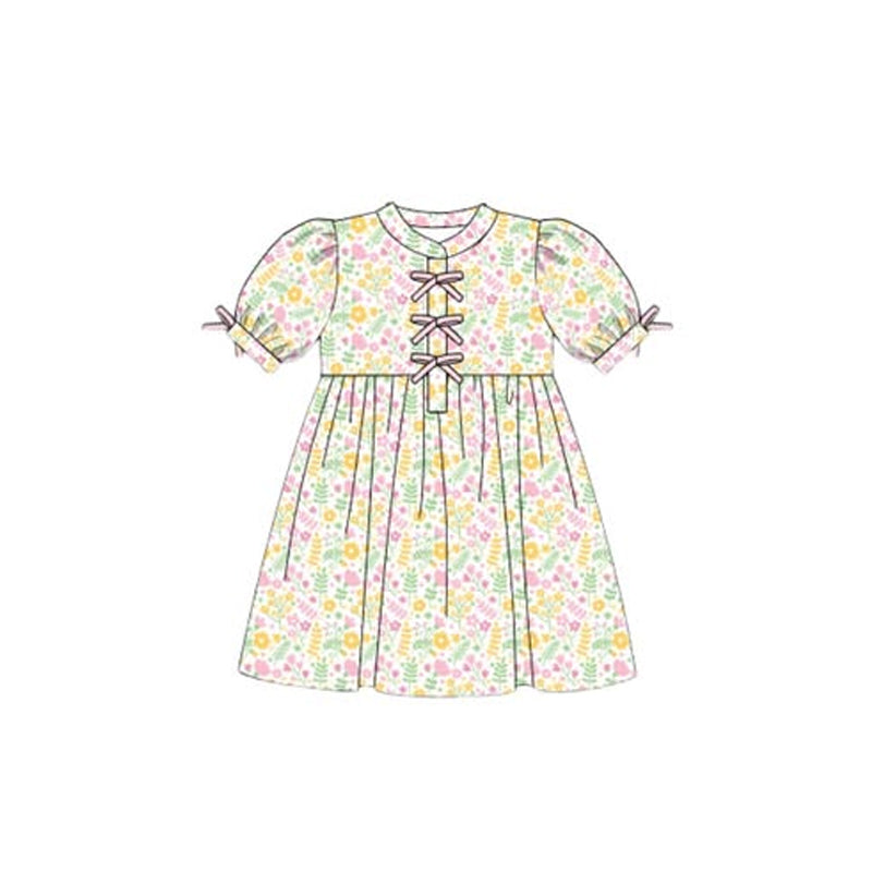 (Pre-order)GSD2943 Colorful Flowers Print Girls Summer Knee Length Dress