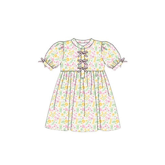 (Pre-order)GSD2943 Colorful Flowers Print Girls Summer Knee Length Dress