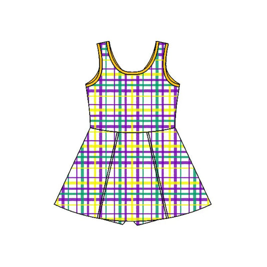 (Pre-order)GSD2945 Plaid Print Girls Mardi Gras Knee Length Yoga Dress