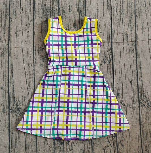 (Pre-order)GSD2945 Plaid Print Girls Mardi Gras Knee Length Yoga Dress