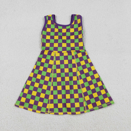 GSD2946 Purple Yellow Green Plaid Print Girls Mardi Gras Knee Length Yoga Dress