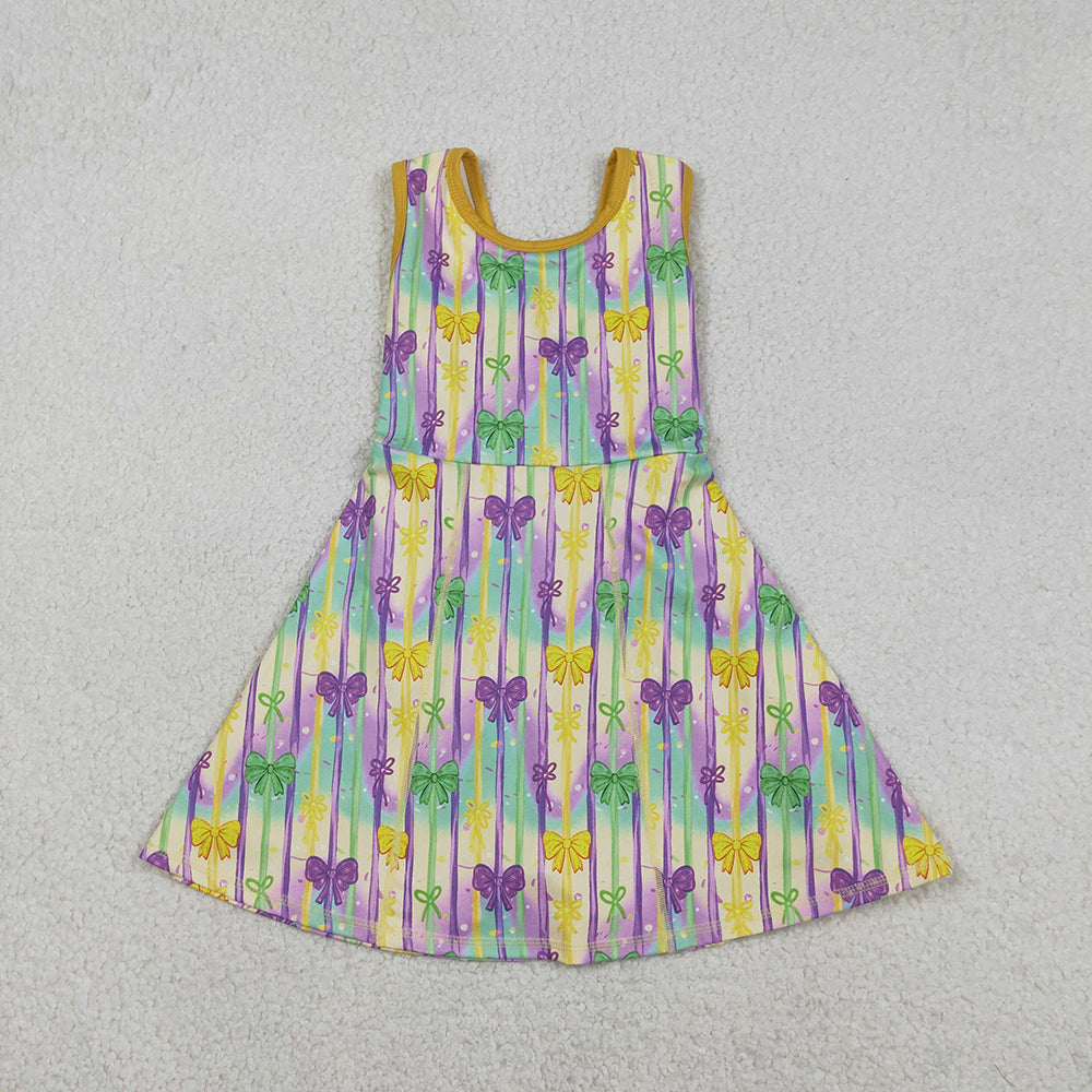 GSD2948 Colorful Bows Stripes Print Girls Mardi Gras Knee Length Yoga Dress