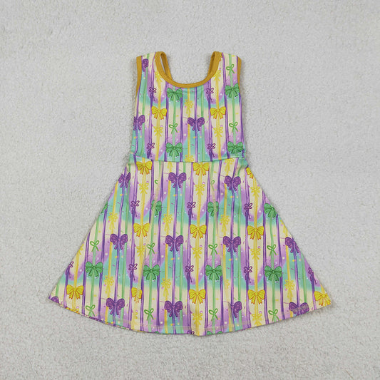 GSD2948 Colorful Bows Stripes Print Girls Mardi Gras Knee Length Yoga Dress