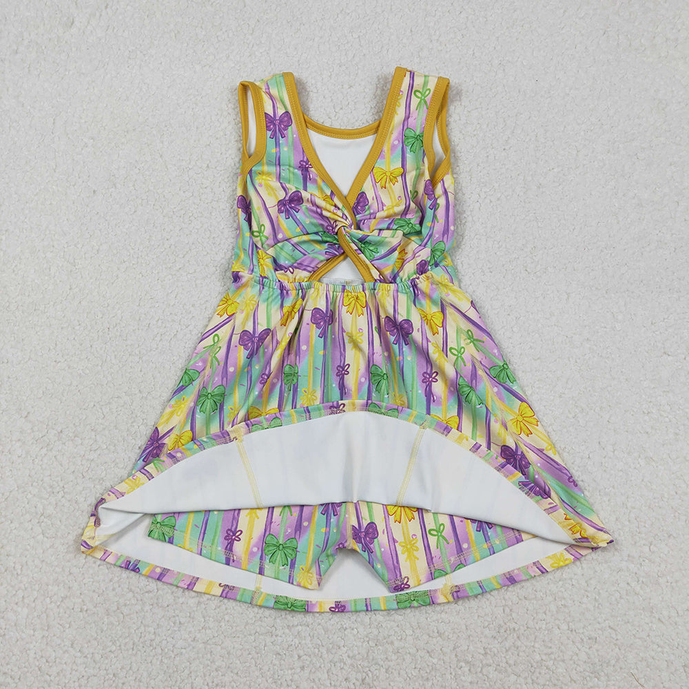 GSD2948 Colorful Bows Stripes Print Girls Mardi Gras Knee Length Yoga Dress