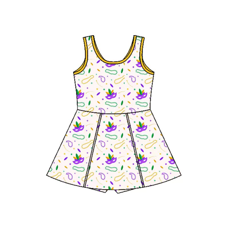 (Pre-order)GSD2951 Mask Print Girls Mardi Gras Knee Length Yoga Dress