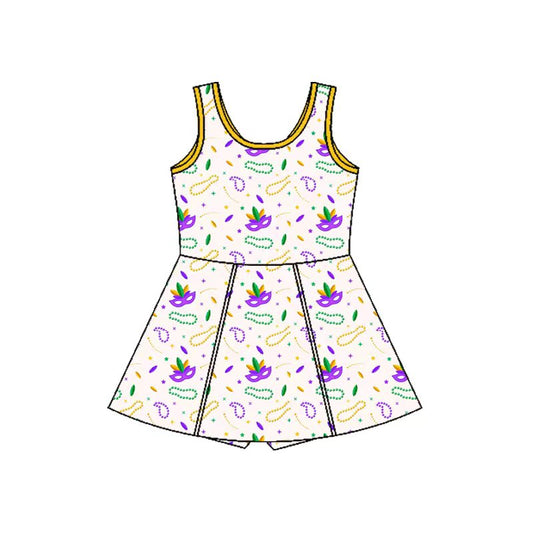 (Pre-order)GSD2951 Mask Print Girls Mardi Gras Knee Length Yoga Dress