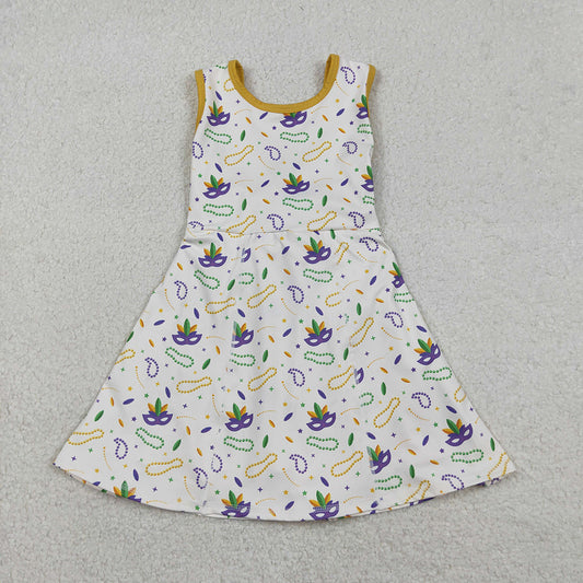 GSD2951 Mask Stars White Print Girls Mardi Gras Knee Length Yoga Dress