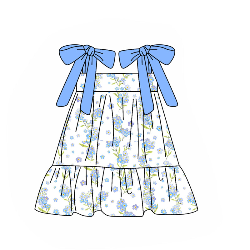 (Pre-order)GSD2954 Blue Flowers Print Girls Summer Knee Length Dress