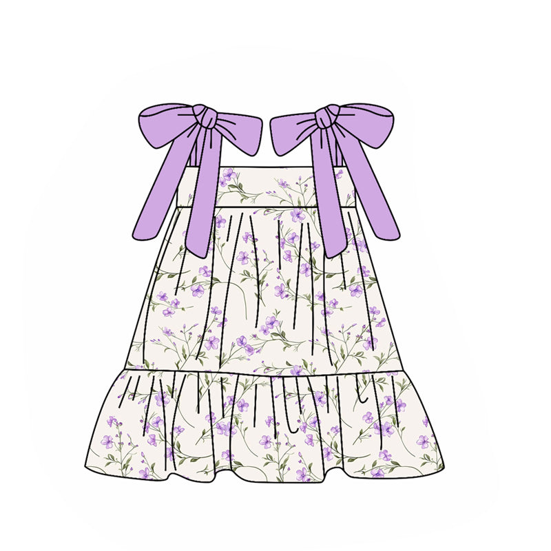 (Pre-order)GSD2955 Purple Flowers Print Girls Summer Knee Length Dress