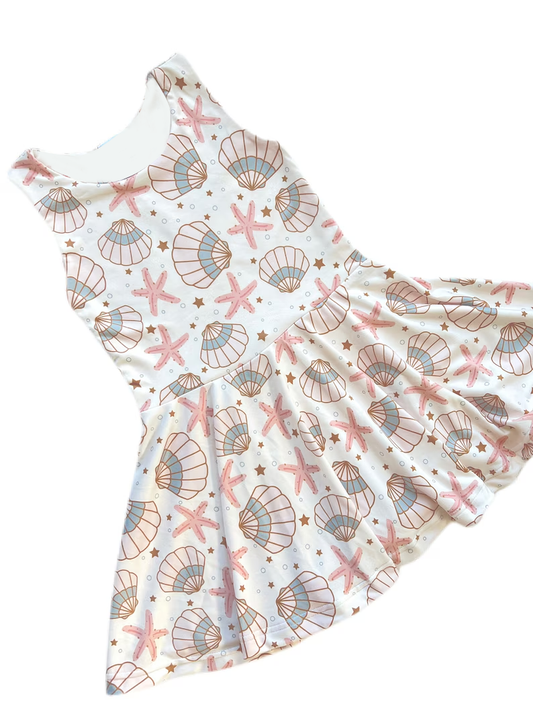 (Pre-order)GSD2956 Shell Starfish Print Girls Summer Knee Length Dress