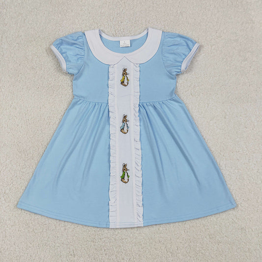 GSD2961 Bunny Embroidery Blue Color Girls Easter Knee Length Dress