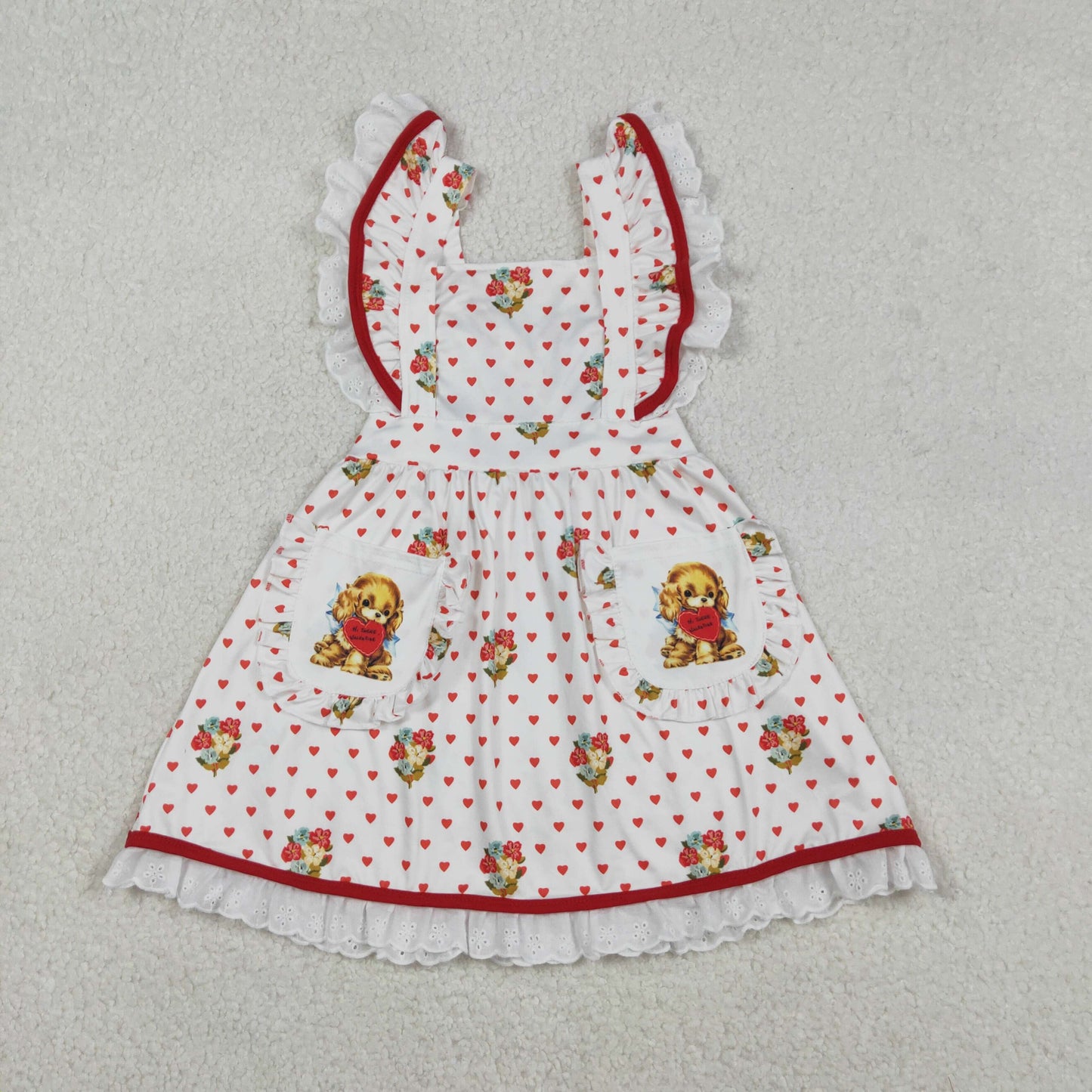GSD2963 Puppy Flowers Hearts Print Pockets Girls Valentine's Day Knee Length Dress