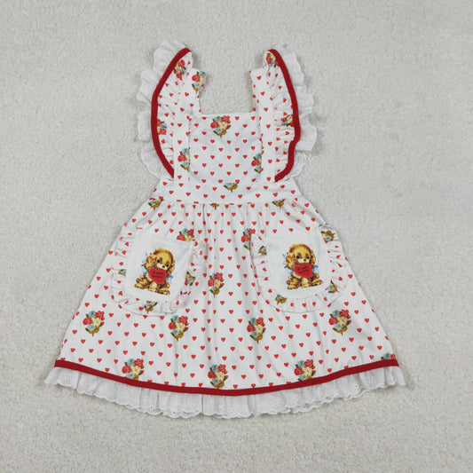 GSD2963 Puppy Flowers Hearts Print Pockets Girls Valentine's Day Knee Length Dress