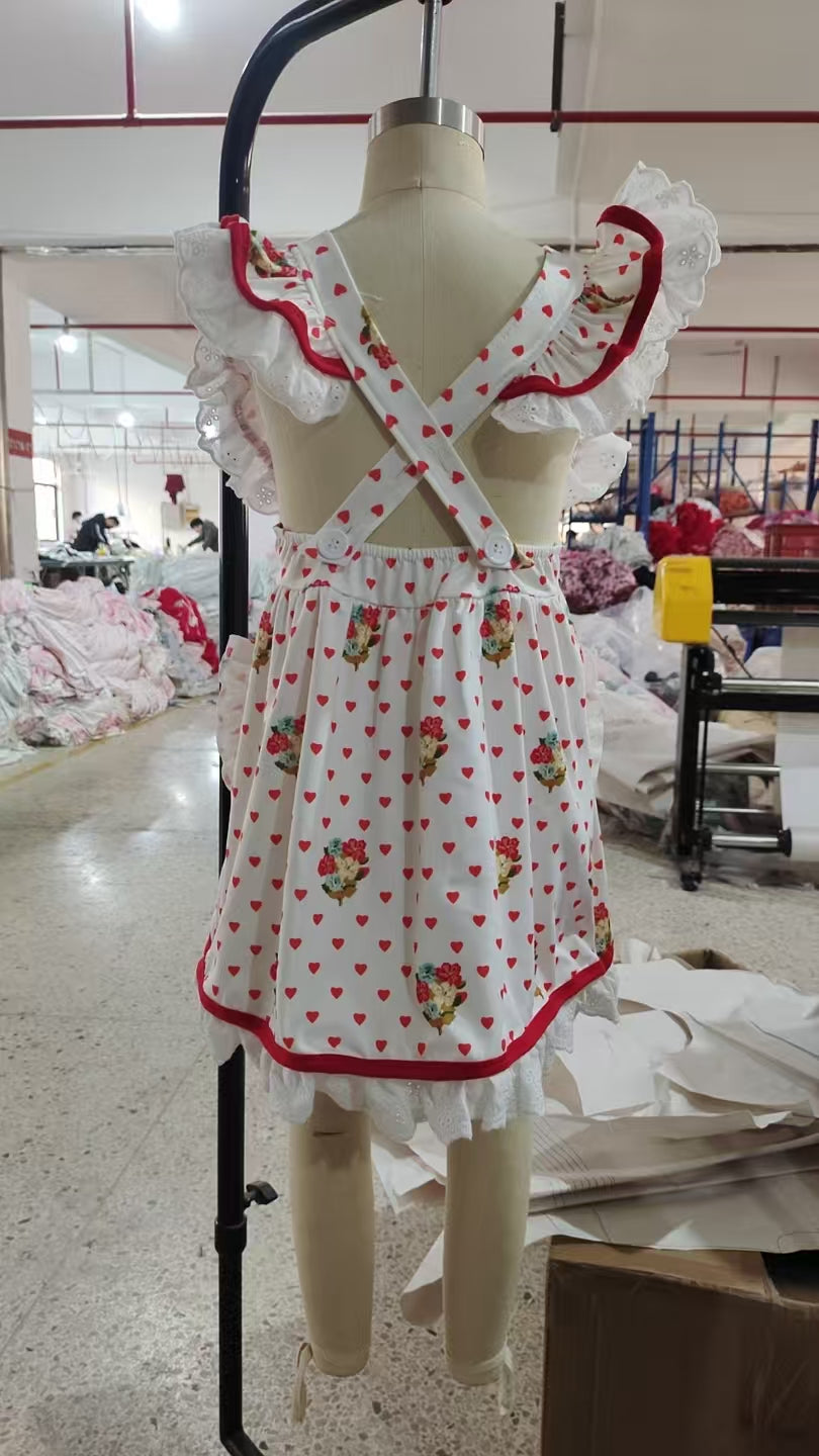 GSD2963 Puppy Flowers Hearts Print Pockets Girls Valentine's Day Knee Length Dress