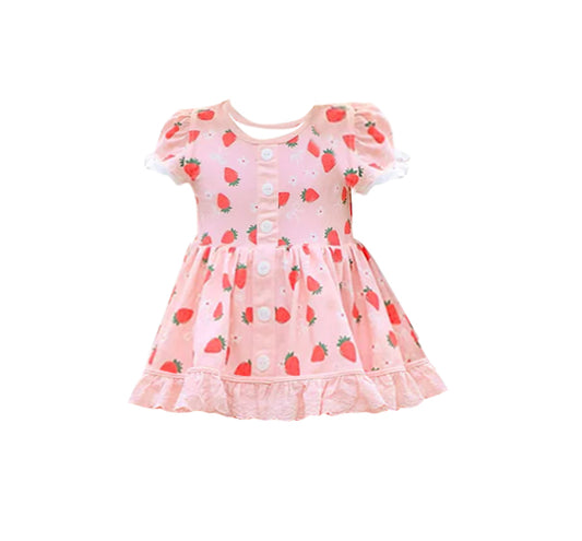 (Pre-order)GSD2964 Strawberry Pink Flowers Print Girls Summer Knee Length Dress