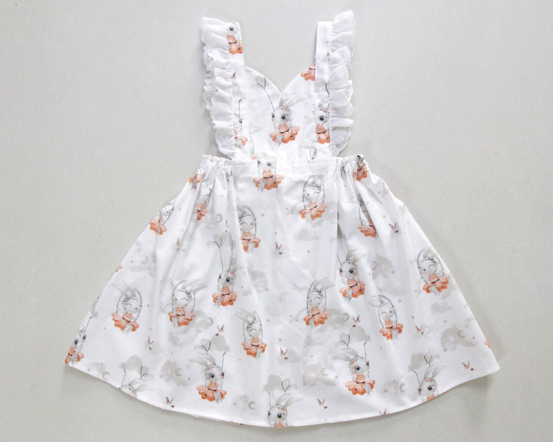 (Pre-order)GSD2965  Bunny White Print Girls Easter Knee Length Dress