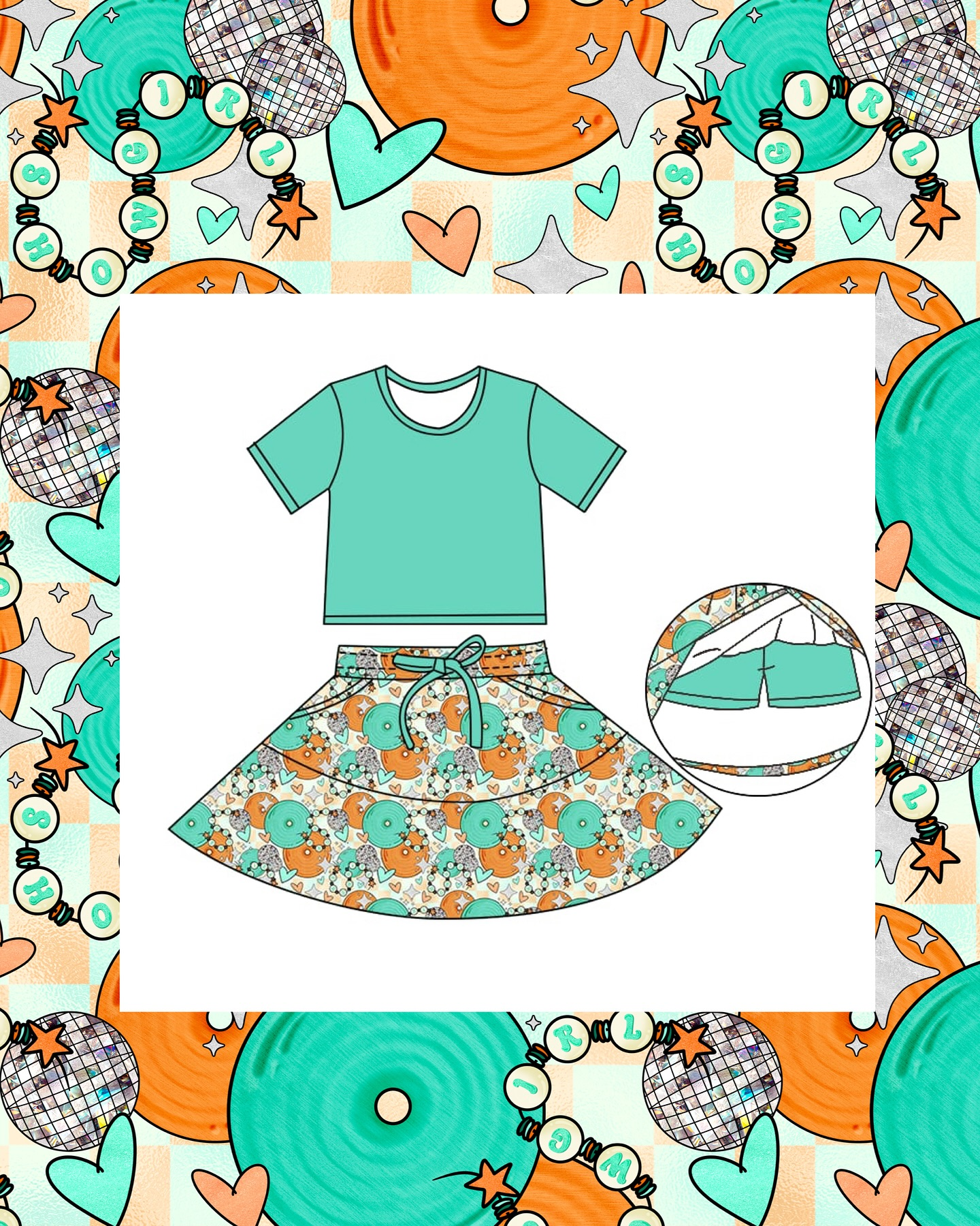 (Pre-order)GSD2974 Green Top Showgirl Skirts Girls Summer Clothes Set