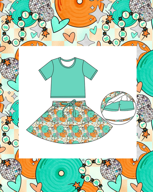 (Pre-order)GSD2974 Green Top Showgirl Skirts Girls Summer Clothes Set