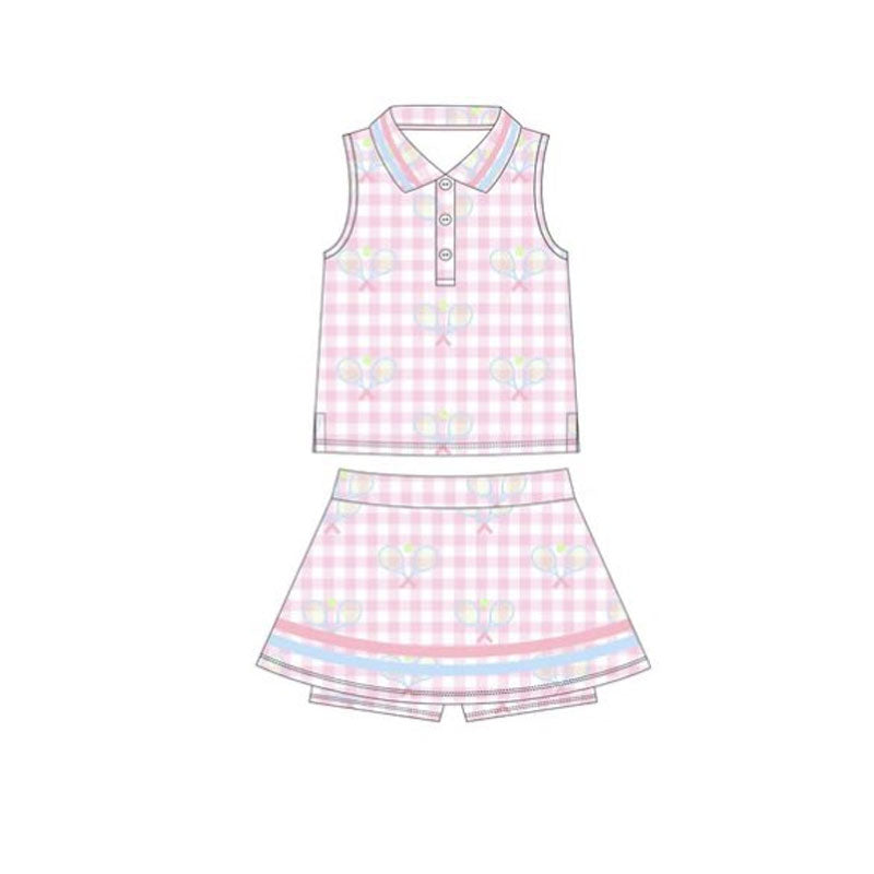 (Pre-order)GSD2975 Tennis Pink Plaid Top Skirts Shorts Girls Yoga Clothes Set