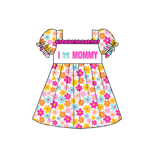 (Pre-order)GSD2982  I LOVE MOMMY Colorful Flowers Print Girls Summer Knee Length Dress