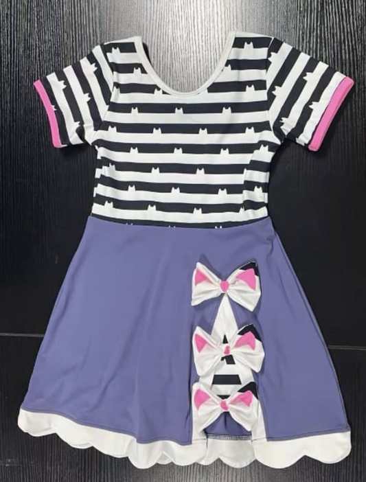 (Pre-order)GSD2983 Stripes Print Bows Girls Summer Knee Length Dress