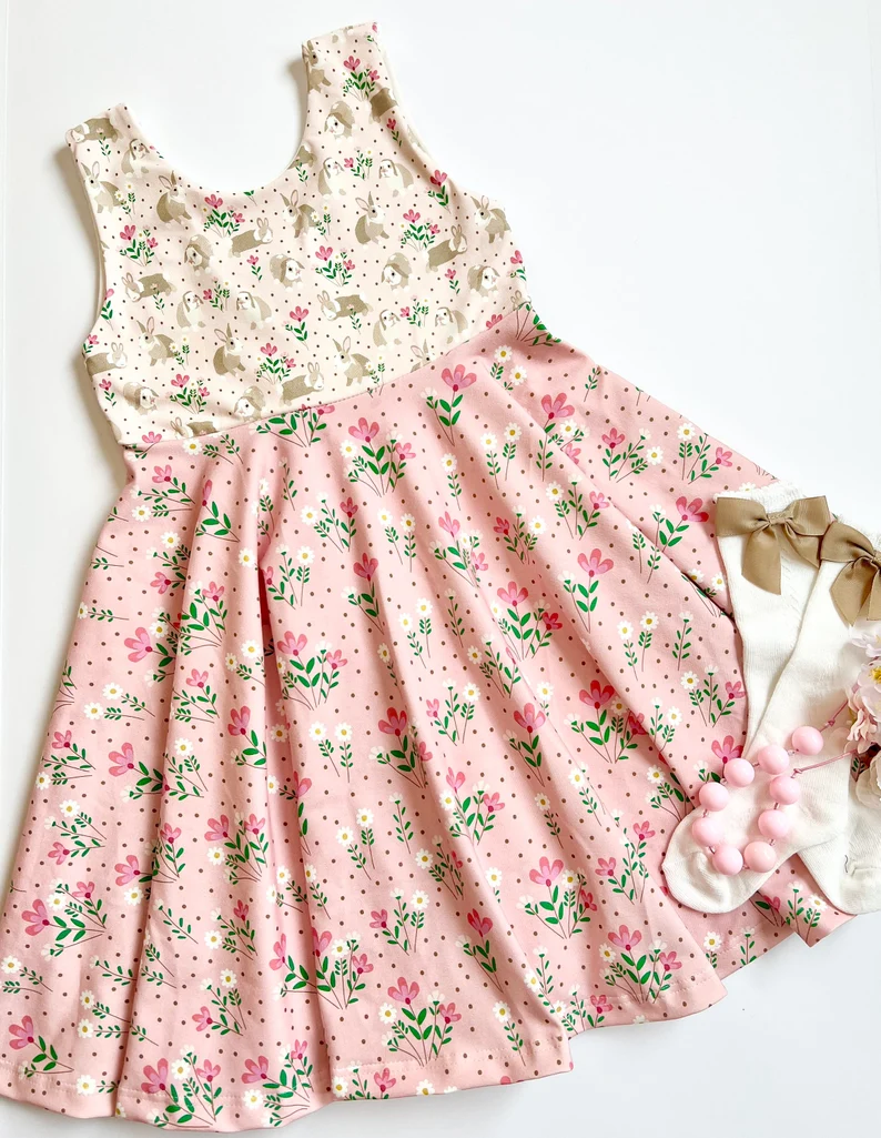 (Pre-order)GSD2984 Bunny Pink Flowers Print Girls Easter Knee Length Dress