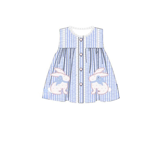 (Pre-order)GSD2993  Bunny Blue Stripes Print Girls Easter Knee Length Dress