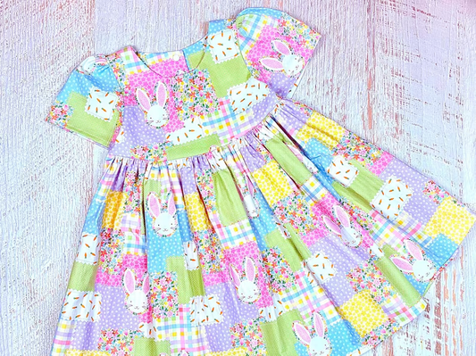 (Pre-order)GSD2997  Bunny Flowers Plaid Print Girls Easter Knee Length Dress