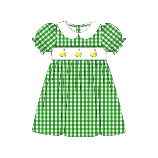 (Pre-order)GSD2998  Golf Green Plaid Print Girls Summer Knee Length Dress