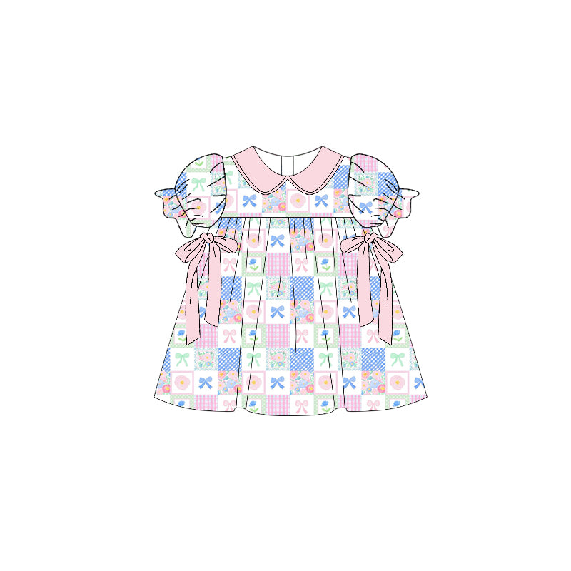 (Pre-order)GSD3001  Colorful Flowers Bows Plaid Print Girls Summer Knee Length Dress