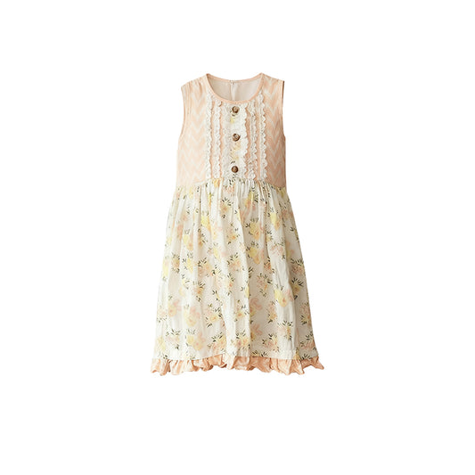 (Pre-order)GSD3006  Yellow Flowers Print Girls Summer Knee Length Dress