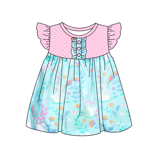 (Pre-order)GSD3009  Bunny Flowers Print Girls Easter Knee Length Dress