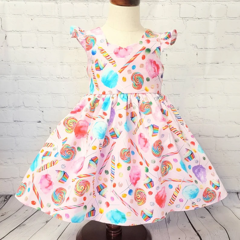 (Pre-order)GSD3018  Lollipop Print Girls Summer Knee Length Dress