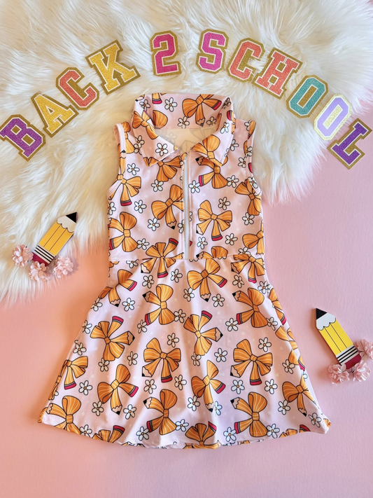 (Pre-order)GSD3037 Bows Flowers Print Girls Back to School Knee Length Yoga Dress