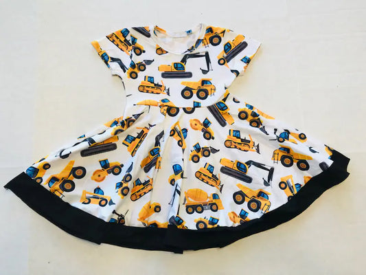 (Pre-order)GSD3040  Construction Trucks Print Girls Summer Knee Length Dress