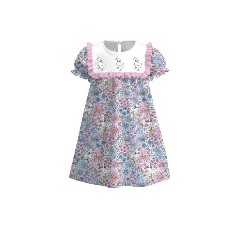 (Pre-order)GSD3041  Goose Flowes Print Girls Summer Knee Length Dress