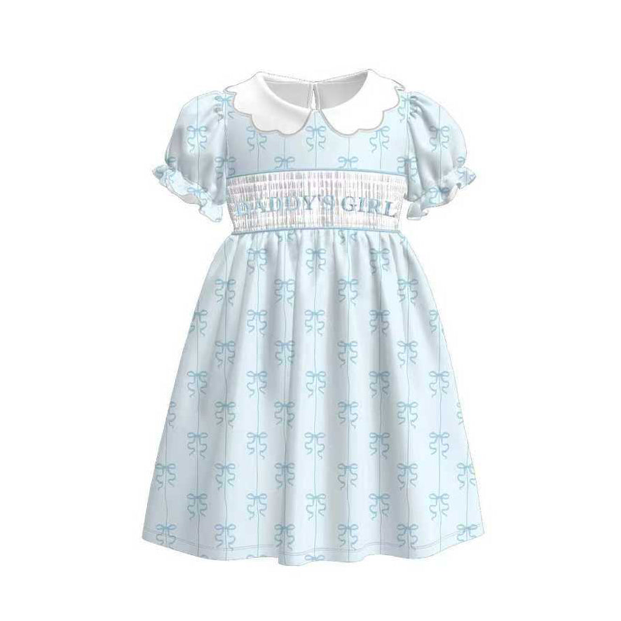 (Pre-order)GSD3042  Daddy's Girl Blue Bows Print Girls Summer Knee Length Dress