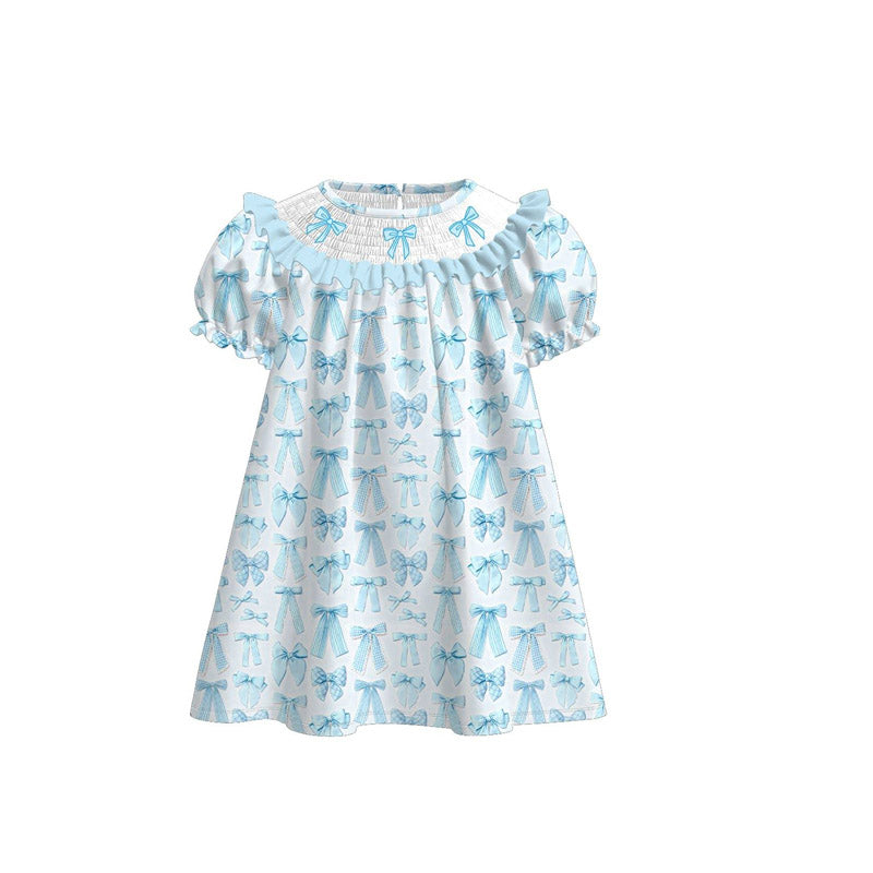 (Pre-order)GSD3043  Blue Bows Print Girls Summer Knee Length Dress