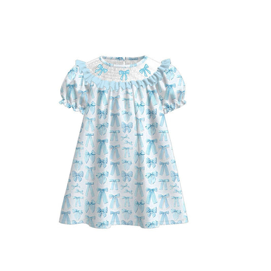 (Pre-order)GSD3043  Blue Bows Print Girls Summer Knee Length Dress