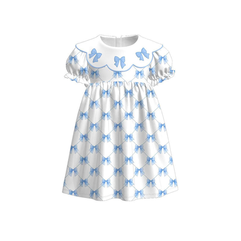 (Pre-order)GSD3045  Blue Bows Print Girls Summer Knee Length Dress