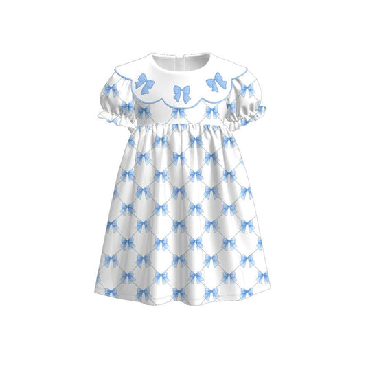 (Pre-order)GSD3045  Blue Bows Print Girls Summer Knee Length Dress