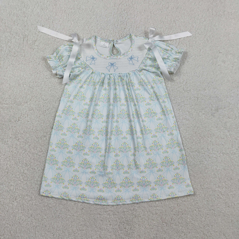 GSD3046  Bows Embroidery Small Flowers Print Girls Summer Knee Length Smocked Dress