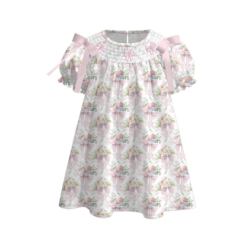 (Pre-order)GSD3047  Flowes Bows Print Girls Summer Knee Length Dress