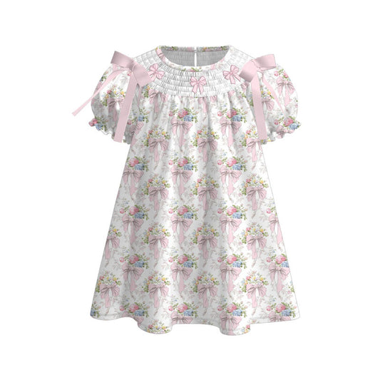 (Pre-order)GSD3047  Flowes Bows Print Girls Summer Knee Length Dress