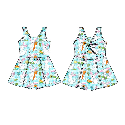 (Pre-order)GSD3049 Carrot Bunny Print Girls Easter Knee Length Yoga Dress