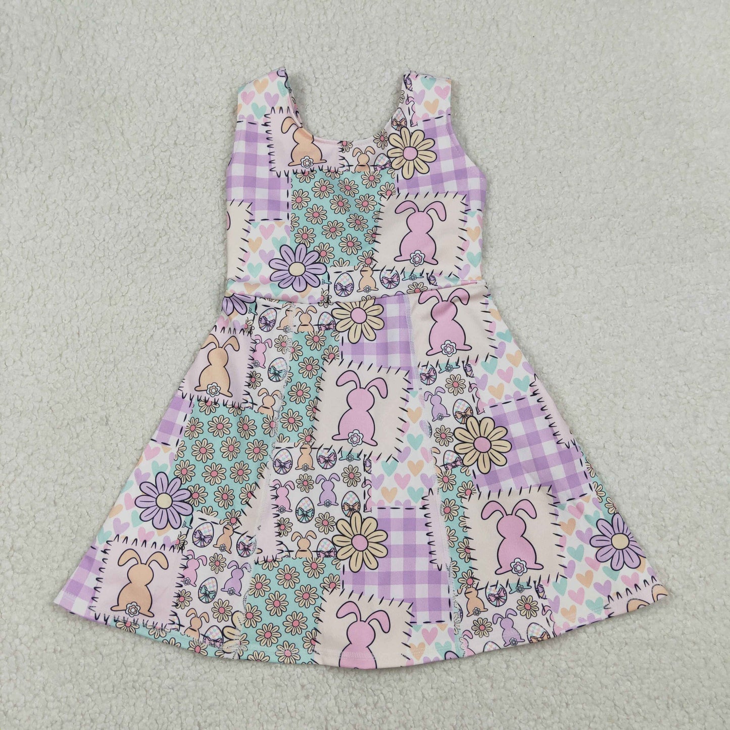 GSD3051 Flowers Bunny Eggs Print Girls Easter Knee Length Yoga Dress