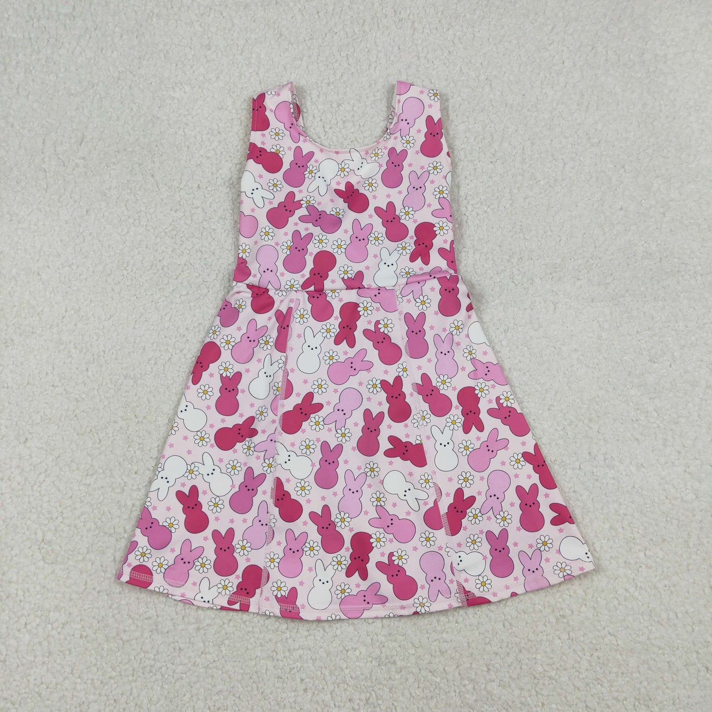 GSD3053 Pink Bunny Flowers Print Girls Easter Knee Length Yoga Dress