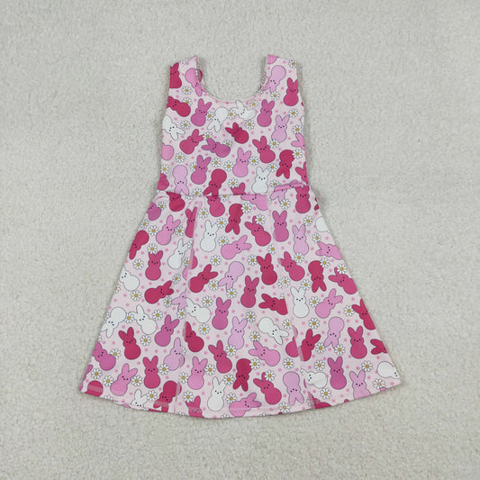 GSD3053 Pink Bunny Flowers Print Girls Easter Knee Length Yoga Dress